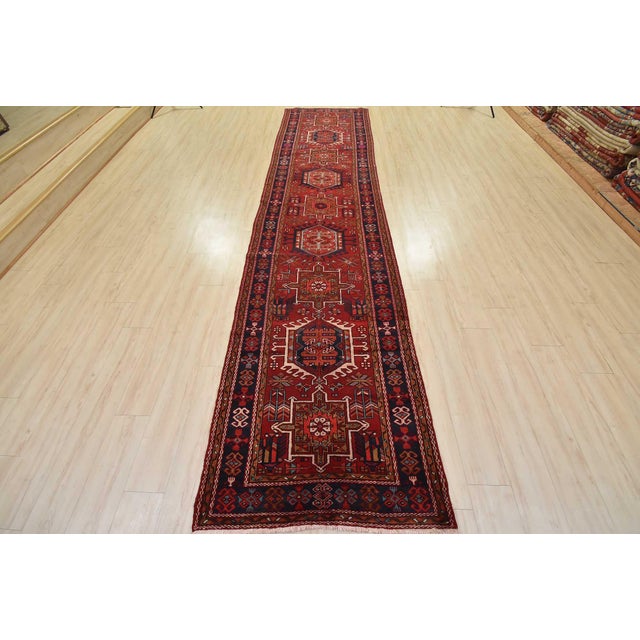 Tribal Karajeh Runner 3’8” X 15′ Red Wool Semi-Antique Tribal Hand-Knotted Rug For Sale - Image 3 of 14