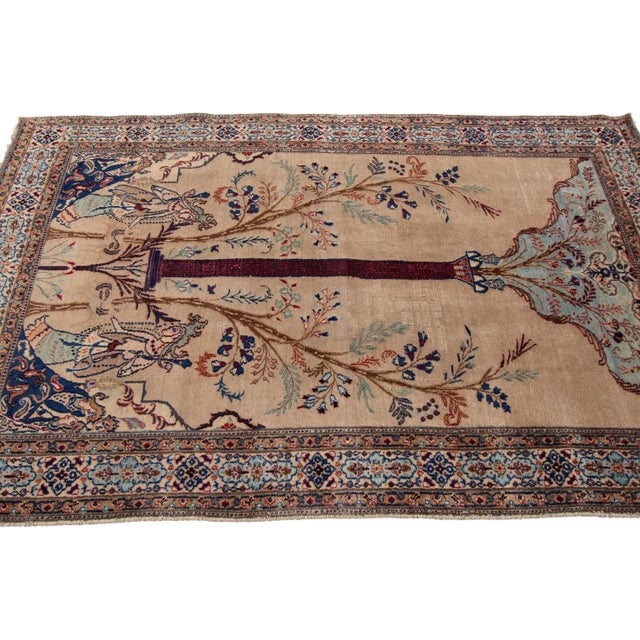 Early 20th Century Antique Persian Tabriz Handmade Brown Pictorial Motif Wool Rug For Sale - Image 4 of 9