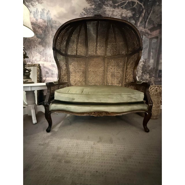 Brown 1950s French Louis XV Style Hand-Caned Bergère Settee in Carved Walnut With Shield Back For Sale - Image 8 of 11