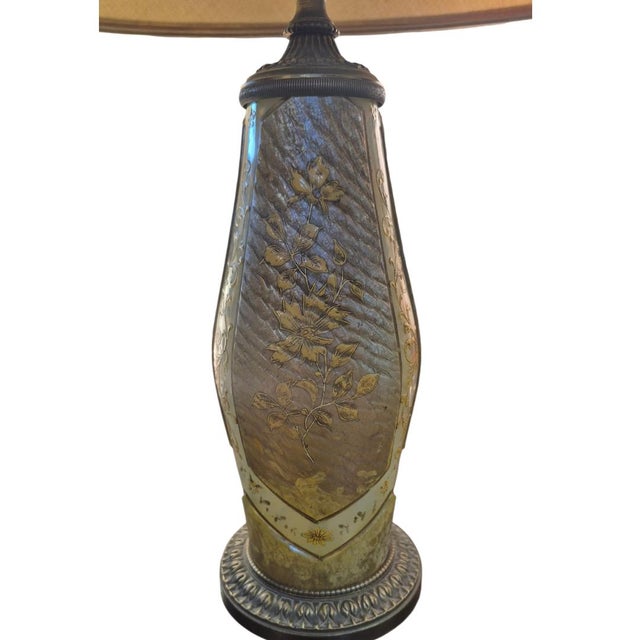 Metal 1900s Rare Unsigned Cameo Glass Art Nouveau Style Landscape Table Lamp - Gilt Bronze Base For Sale - Image 7 of 11