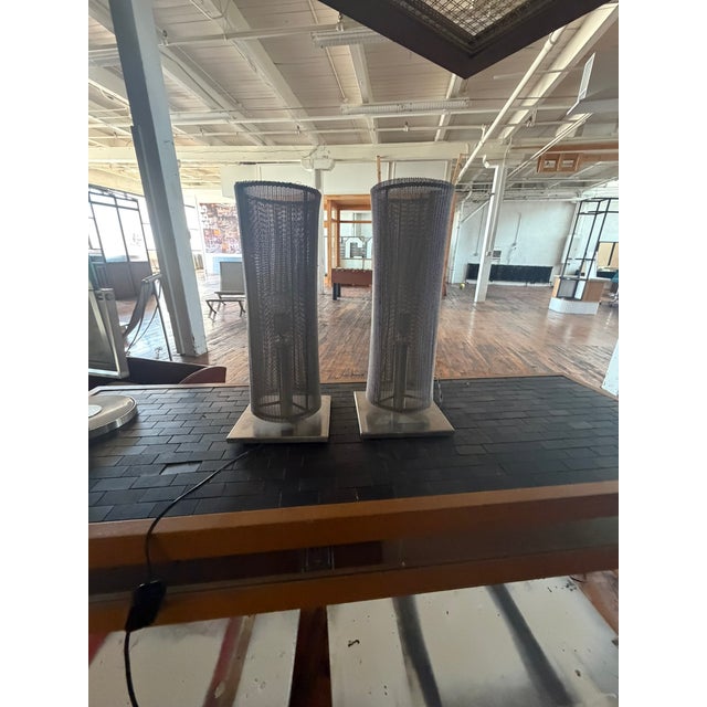 Silver Custom Steel Mesh Table Lamps – Modern Industrial Sculptural Lighting, Pair For Sale - Image 8 of 15