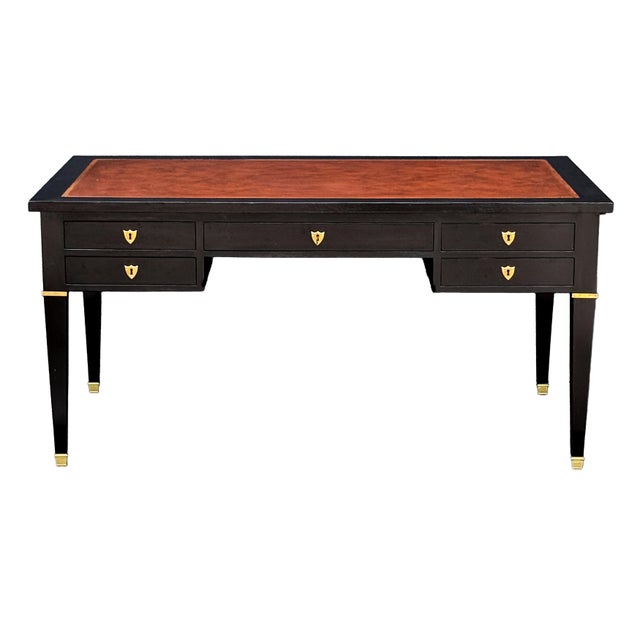 Large French Louis XVI Ebonized Writing Table or Desk With Embossed Leather Top For Sale In Austin - Image 6 of 15