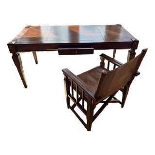 Campaign Style Leather Top Writing Desk and Leather Chair, Set of 2 For Sale