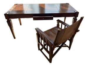 Ernest Hemingway Thomasville Campaign Style Leather Brass Mahogany Desk & Chair