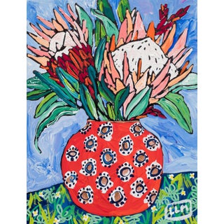 "Red Bulb Vase With Bouquet of Proteas" Contemporary Modernist Style Floral Still Life Gouache Painting For Sale