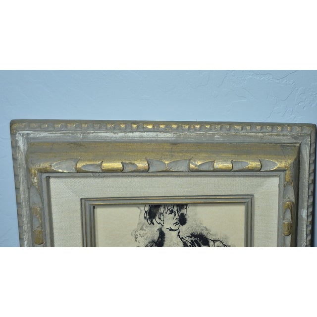 1960s Mid-Century Figural Seated Woman Ink Drawing in Ornate Gold Gilt Frame For Sale - Image 5 of 11