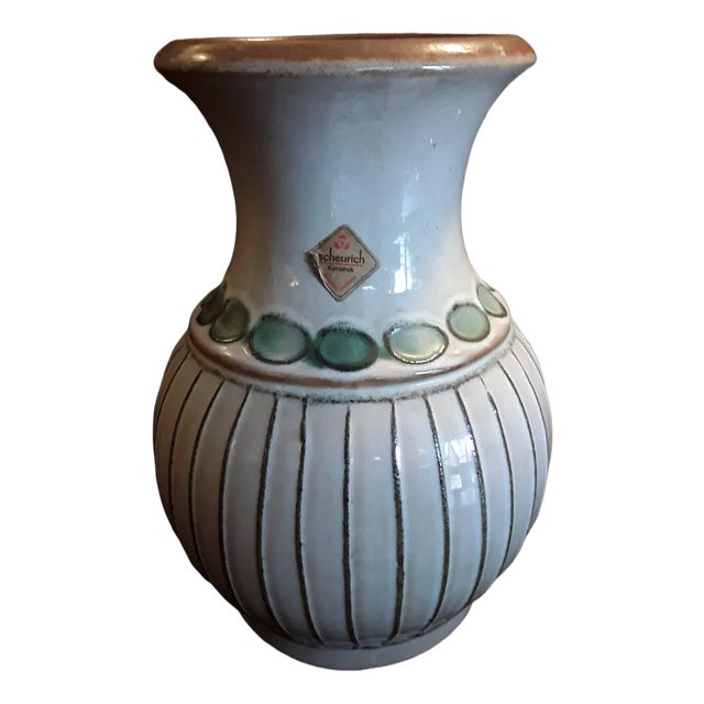 German Beige Ceramic Vase with Turquoise Decor from Scheurich, 1970s For Sale