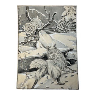 Original Signed Graphite Illustration of Bobcat and Lynx in Winter Landscape, 10.25 In. H × 7.5 In. W For Sale