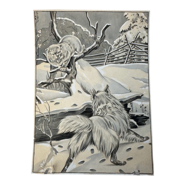 Original Signed Graphite Illustration of Bobcat and Lynx in Winter Landscape, 10.25 In. H × 7.5 In. W For Sale