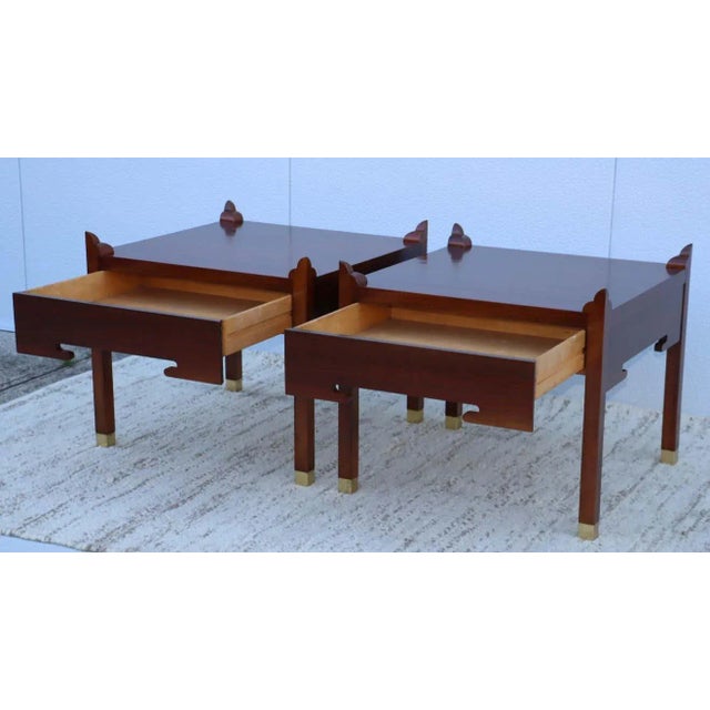 Rare pair of 1960's Mid-Century Modern walnut single drawer end tables by Edmond J. Spence, newly restored with minor wear...