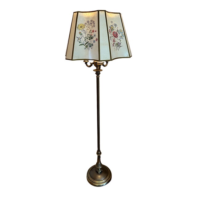 Vintage Floor Lamp With Floral Panel Lampshade For Sale