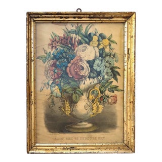 Antique 1870 Currier & Ives Hand Colored Floral Lithograph in a Gold Frame For Sale