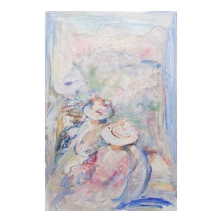 Late 20th Century Impressionist Ladies in Pale Blue Pink Painting For Sale