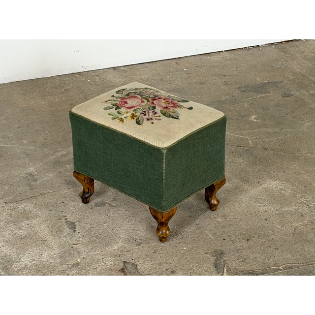 Green Vintage Ottoman in Walnut with Needlepoint Top, 1920s For Sale - Image 8 of 8