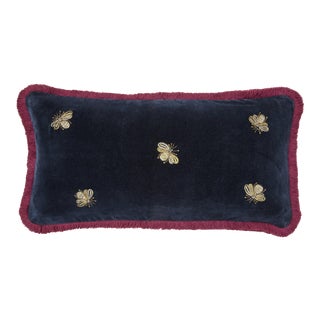 Embroidered Bee Fringe Pillow, Navy Velvet For Sale