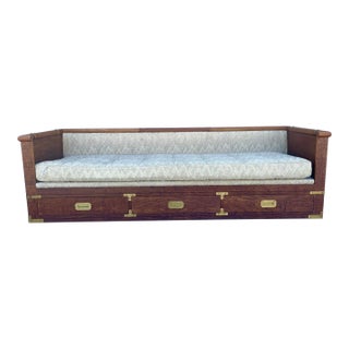 1960s Mid-Century Campaign Style Tiger Oak Daybed Sofa With Storage Drawers by Marge Carson For Sale