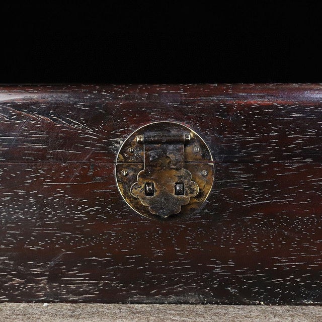 Dark Hardwood Relief-Carved Box, Bat, Double Coin & Peach Motifs, "Fu Shou Ru Yi" Treasure Chest For Sale In Los Angeles - Image 6 of 9
