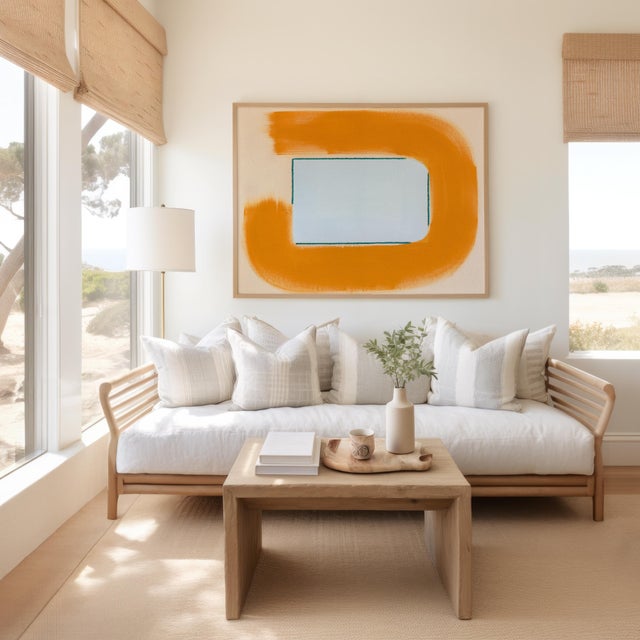 Light Blue and Mustard Yellow-Orange Modern Art Print, 30 X 38 Print in Wood Frame For Sale - Image 4 of 5