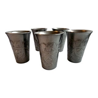 Vintage Set of 5 Heraldic Crest Style Mecap Pewter Tumbler Cups Made in Belgium For Sale