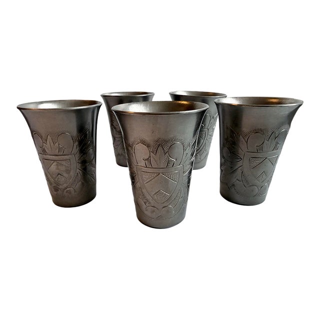 Vintage Set of 5 Heraldic Crest Style Mecap Pewter Tumbler Cups Made in Belgium For Sale