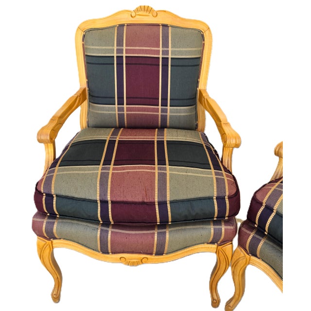 Vintage Louis XV French Provincial Armchairs Plaid Tartan Fauteuil Cabriole Legs For Sale - Image 11 of 16