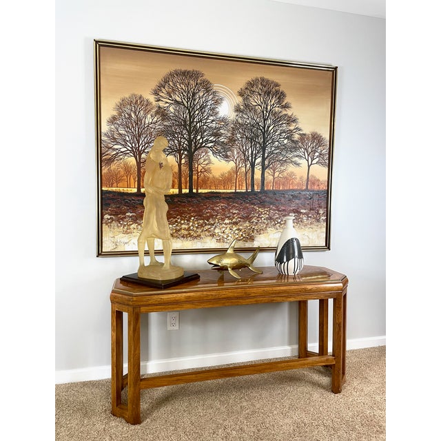 Vintage 1980s Art Deco inspired parquet top, gold trim console table. The American made console blends classic with modern...