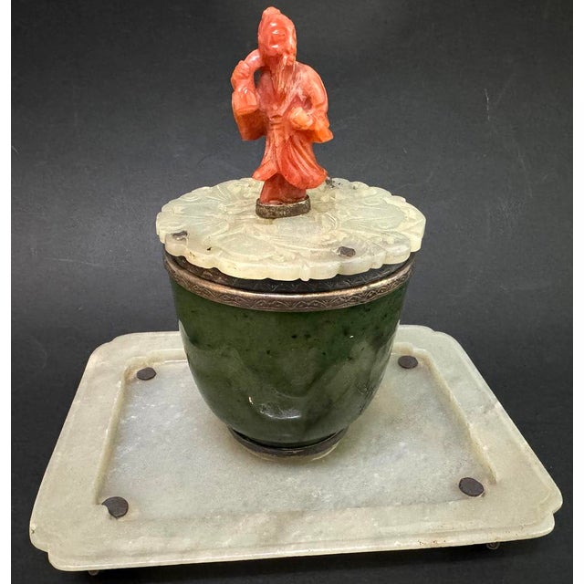 1930s Art Deco Inkwell by Farmer With Jade and Carnelian For Sale - Image 4 of 5
