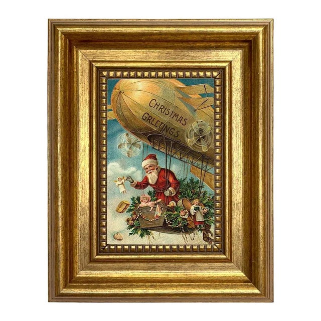 Victorian Santa Claus in Flying Machine Victorian Print on Canvas in Antiqued Gold Frame For Sale - Image 3 of 3