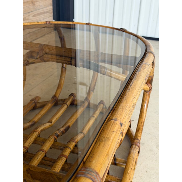 Vintage Coastal Sculptural Rattan Coffee Table With Original Smoked Glass Top For Sale - Image 10 of 12