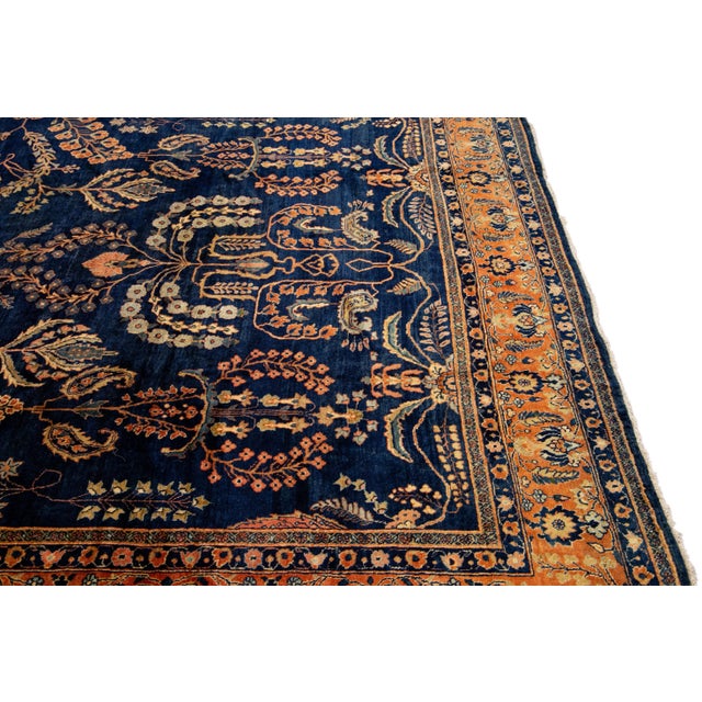 Navy Blue Antique Persian Sarouk Farahan Handmade Allover Designed Navy Blue Wool Rug For Sale - Image 8 of 11