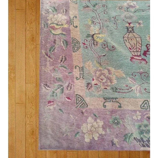 1920s Green Celadon Floral Vase Antique Chinese Art Deco Carpet 10' X 15'6" Knotted Wool Rug For Sale In New York - Image 6 of 10