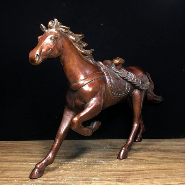 Vintage Bronze Galloping Horse Statue With Saddle, Chinese Wealth Attracting Horse Sculpture For Sale - Image 4 of 7