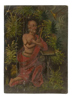 18th/19th Century Spanish Colonial Retablo Oil Painting on Metal