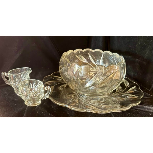 Transparent Mid 20th Century Indiana Glass Willow Punch Bowl Set With Cream and Sugar Set - Set of 4 For Sale - Image 8 of 12