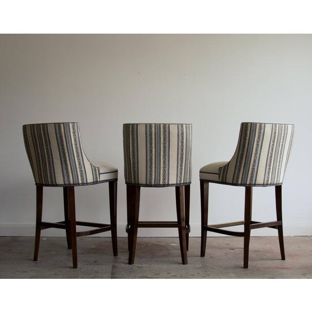 Wesley Hall Furniture Two-Tone Linen and Stripe Bar Stools With Brass Footrails by Wesley Hall, Set of 3 For Sale - Image 4 of 6