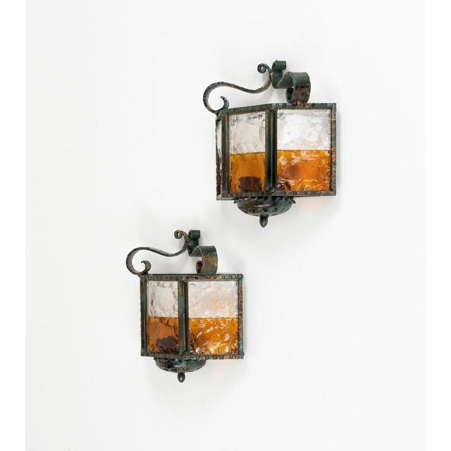 Mid-Century Modern Mid-Century Sconces in Iron and Hammered Glass attributed to Longobard, Italy, 1970s, Set of 2 For Sale - Image 3 of 15