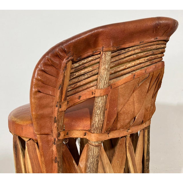 Vintage Mexican Southwest Equipale Leather and Cedar Wood Bar Stools, Pair For Sale - Image 10 of 12