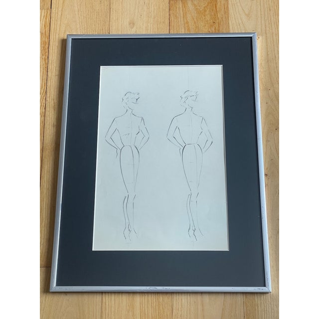 Vintage, signed, framed, pencil sketches/illustration/fashion design drawing, circa 1950's. Piece features a very sleek...