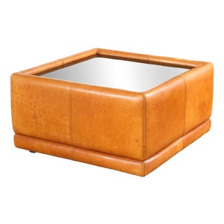 Vintage Coffee Table in Leather and Black Glass, 1970s For Sale