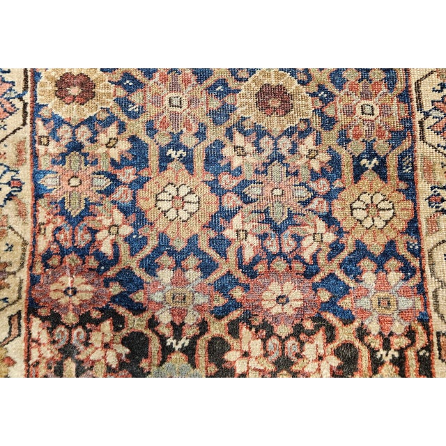 19th Century Kurdish Bidjar Runner Rug, Hand-Knotted Wool, All Over Geometric Pattern, Blue & Ivory, 4x8 For Sale - Image 13 of 14