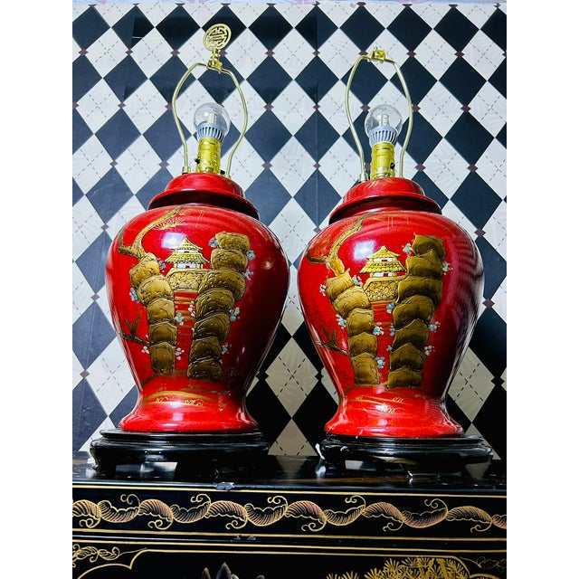 1980s Chinoiserie Red Lacquer Table Lamps Pair Large Chinese With Pagoda Shades For Sale In Boston - Image 6 of 10