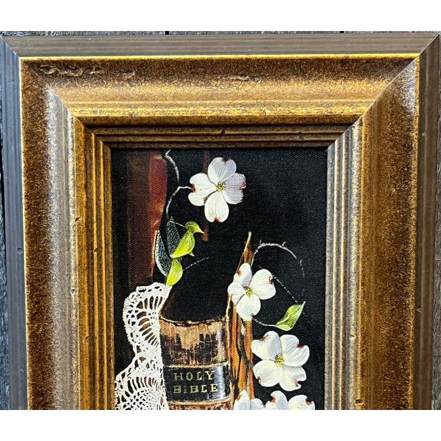 Vintage Harry Jarman Original Trompe L’oeil Still Life Oil Painting of Holy Bible and Dogwoods For Sale - Image 4 of 9
