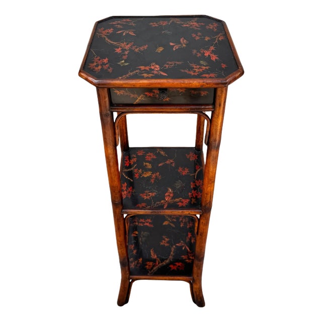 Chinoiserie Lacquered Bamboo 3-Tier Pedestal & Drawer For Sale