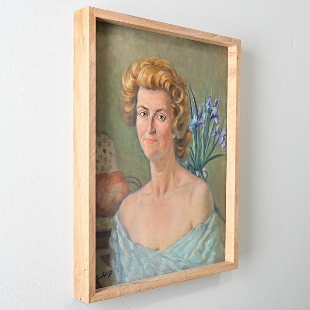 Textile French Vintage Portrait Painting of a Lady with Iris Signed Guy Combrisson For Sale - Image 7 of 8