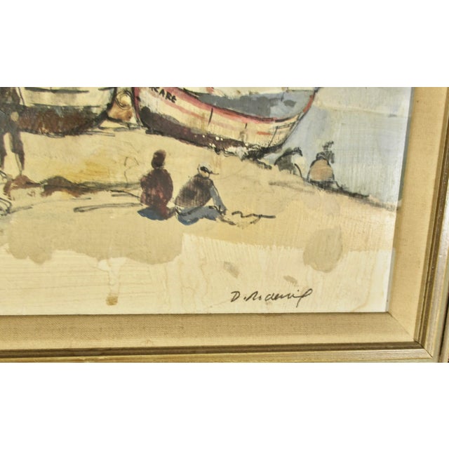 Oil on panel, plein air oil study of the fishing boats pulled onto the beach. All bearing the names of the villages Nazare...