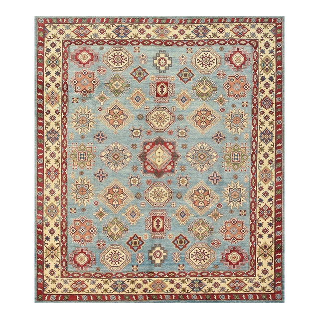 Kazak Rug 8'5'' X 9'7'' Blue Wool Tribal Hand-Knotted Oriental Carpet For Sale
