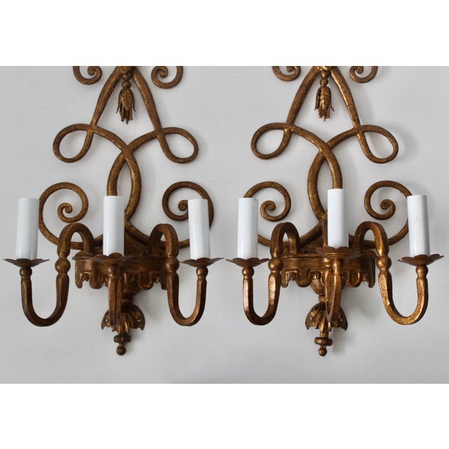 Vintage Italian Florentine Style Gold Finished Scrolling Arms Electric Wall Sconces- A Pair For Sale - Image 15 of 15
