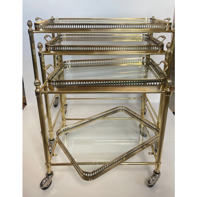 French Neoclassical Style Nesting Bar Carts With Glass Shelves, Maison Jansen For Sale In West Palm - Image 6 of 17