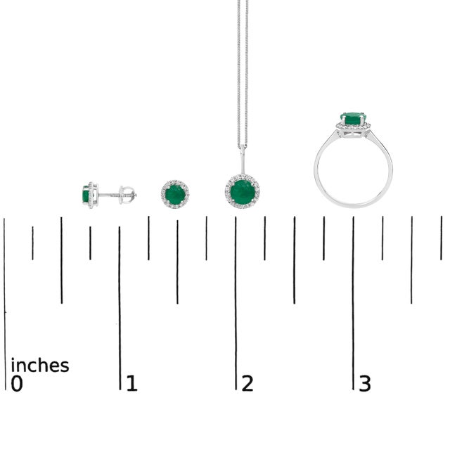 10K White Gold Green Emerald and 3/8 Cttw Diamond Halo Jewelry Set (Earrings, Pendant & Ring) For Sale In New York - Image 6 of 6
