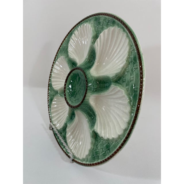 Green Antique 1920s French Longchamp Majolica Green and White Oyster Plate For Sale - Image 8 of 14